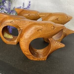 Lot of 4 Carved Wood DOLPHIN Napkin Rings/Holders Set Vintage Monkey Pod